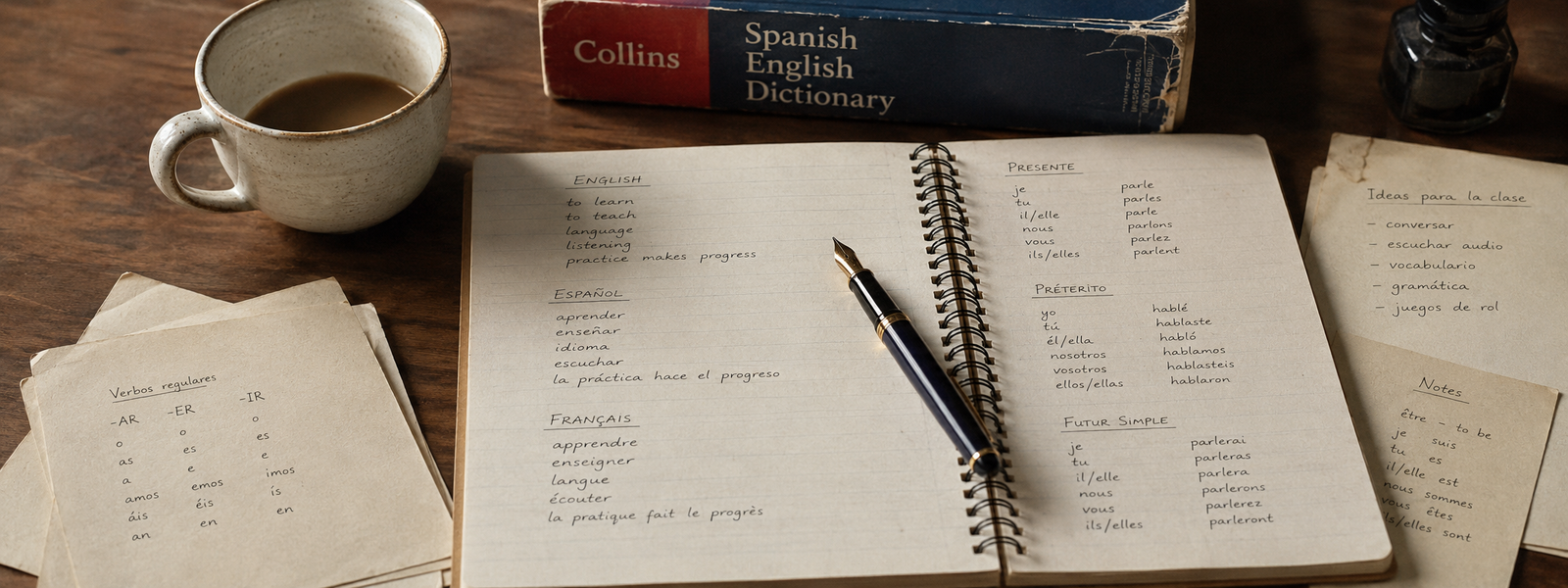 Lehrer-Schreibtisch mit Notizbuch in Englisch, Spanisch und Französisch, Wörterbuch, Kaffeetasse und Federhalter